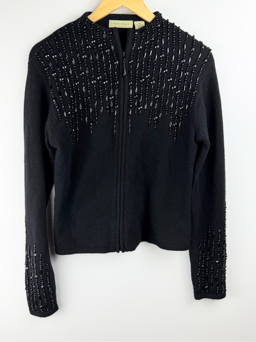 Inspired Bellepointe Black Beaded Angora Wool Rabbit Zip Sweater Size M
